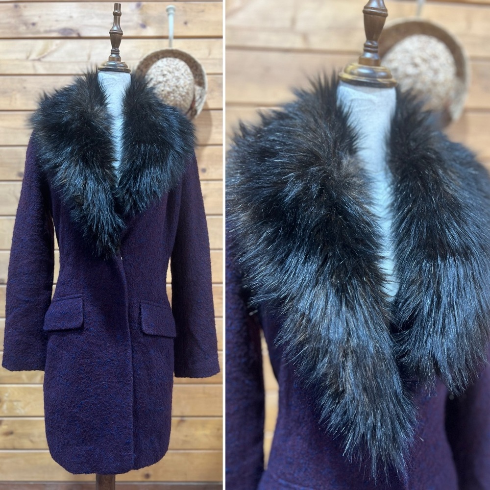 Badgley Mischka Wool Tweed Coat Faux Fur Collar XS Purple Blue Winter Luxury